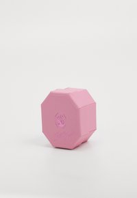 Pink octagonal box with a textured surface, featuring a raised logo on one side and a secure tab closure.