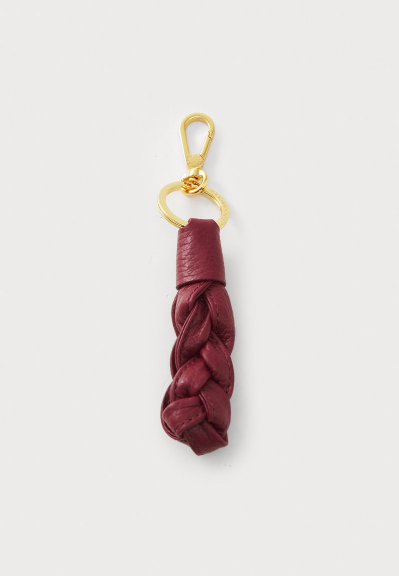 Braided maroon leather keychain with a gold metal clasp and circular ring, featuring a smooth texture and slight sheen.