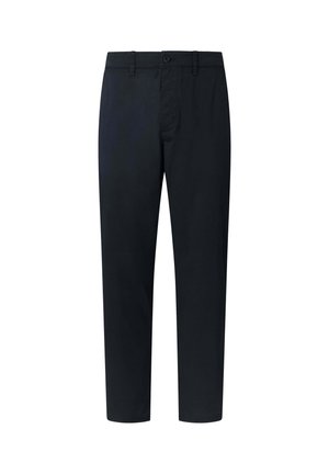 Pantalon noir à jambe droite avec fermeture à boutons et fermeture éclair, passants pour ceinture et poches latérales, présenté sur un fond blanc.