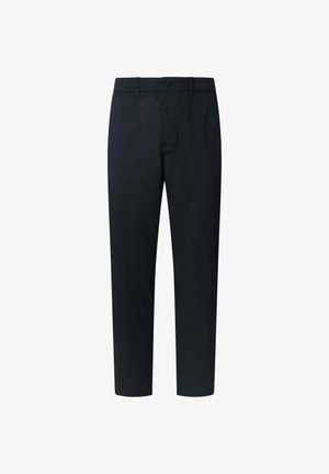 Pantalon noir à jambe droite avec fermeture à boutons et fermeture éclair, passants pour ceinture et poches latérales, présenté sur un fond blanc.