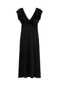 Abito nero con scollo a V e maniche a volant. Realizzato in tessuto morbido con una silhouette fluida e lunghezza al ginocchio. Design semplice.