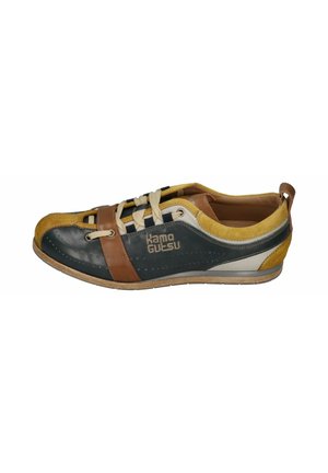 Lace-up sneaker featuring a mix of dark blue leather, yellow suede, and brown accents. Textured upper with decorative perforations and logo.