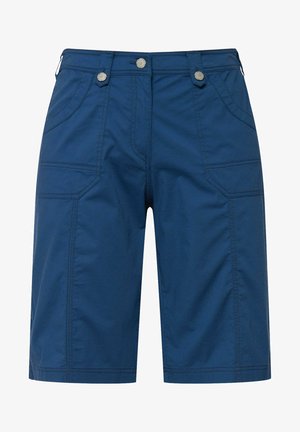 Navyblauwe shorts van lichtgewicht stof hebben gestikte details en dubbele metalen knopen op de taille, met zijzakken.