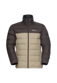Veste matelassée avec une partie supérieure brune et une partie inférieure beige. Fermeture éclair complète à l'avant, col haut et logo sur la poitrine gauche.