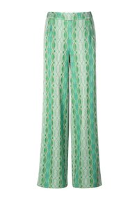 Lichte, wijde broek met een groen en aqua geometrisch patroon. Zachte textuur met een gladde tailleband en geen zichtbare sluitingen.