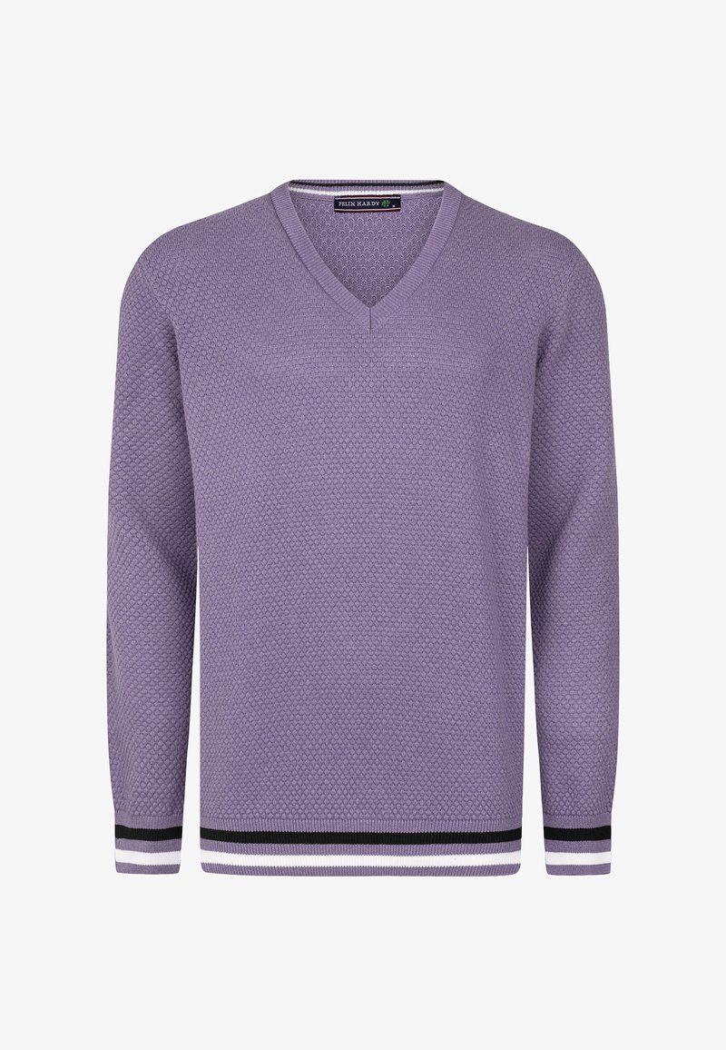 Maglione a V in viola chiaro con motivo di maglia testurizzato. Presenta dettagli a righe nere e bianche sui polsini e sull'orlo. Maniche lunghe.