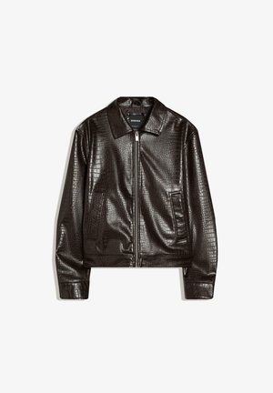 Dark brown faux leather jacket with crocodile texture, front zipper, two side pockets, and pointed collar.