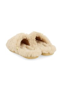 Chaussons en beige flou avec un dos ouvert, texture pelucheuse et semelles douces. Présentent de délicats accents dorés sur le dessus. Convient pour une utilisation intérieure.