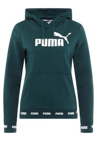 Tmavě zelená mikina s kapucí vyrobená z bavlněné směsi, na přední straně s bílým logem Puma a s bílým potiskem značky podél manžet a lemů.