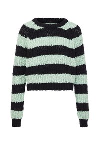 Maglione accorciato con strisce alternate nere e verde menta, texture lavorata a maglia, scollatura rotonda e maniche lunghe.