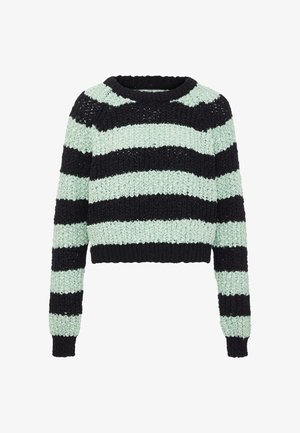 Rövidített pulóver váltakozó fekete és menta zöld csíkokkal, kötött textúrával, kerek nyakkivágással és hosszú ujjakkal.