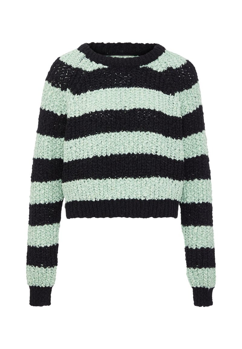 Maglione accorciato con strisce alternate nere e verde menta, texture lavorata a maglia, scollatura rotonda e maniche lunghe.