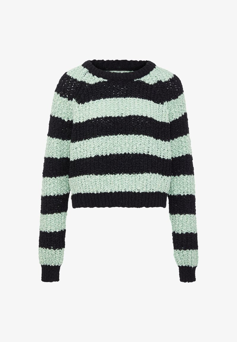 Maglione accorciato con strisce alternate nere e verde menta, texture lavorata a maglia, scollatura rotonda e maniche lunghe.