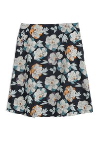 Dark skirt with large white, blue, orange, and purple floral print and light green leaves, A-line shape, knee-length.
