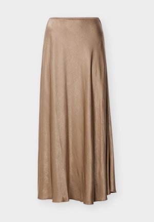 Falda midi de satén beige con un ligero vuelo y textura suave, con una cinturilla ajustada y un suave drapeado.