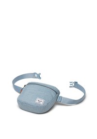 Borsa in tessuto azzurro chiaro a vita, dalla forma arrotondata, con chiusura a zip e cinturini regolabili. Presenta una patch del logo sulla parte anteriore.