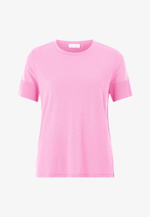 Short pink cotton t-shirt with a round neckline and short sleeves, featuring a smooth texture and a relaxed fit.