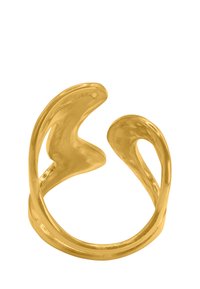Gullfarget metallring med et bølgete, åpent design som har to buede ender. Jevn tekstur og polert overflate.