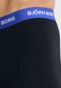 Fekete boxer alsó kék elasztikus derékpánttal, rajta a "BJÖRN BORG" felirattal fehér színben. Simább textúra minimális varrási részletekkel.