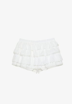 Biele šortky s tromi volánovými vrstvami, vyrobené z ľahkého materiálu s očkovými detailmi. Elastický pás, ryhované okraje.
