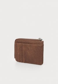 Brown leather wallet with a textured surface, featuring a zip closure and multiple card slots on one side. Compact and rectangular design.