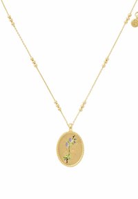 Guldhalsband med små pärlor och ett ovalt hänge med en fin blomsterdesign i lila, gröna och guldtoner.