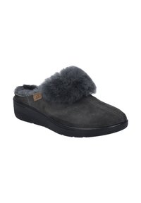 Gray suede clogs with a plush faux fur collar, featuring a rounded toe, stitched detailing, and a black rubber sole for stability.