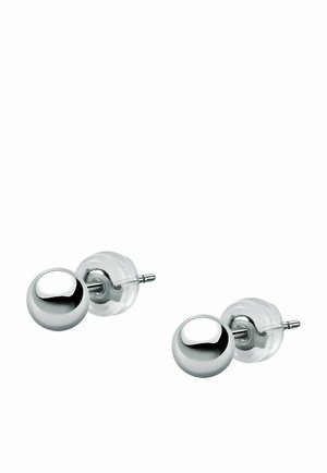 Sølvfarvede metal stud øreringe med en glat, blank overflade. Rund form med klar plastikbagside for sikker bæring. Minimalistisk design.