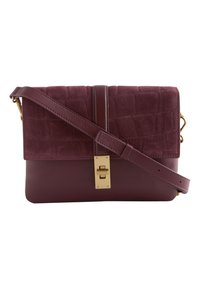 Burgundy handbag with a textured suede flap and smooth leather body, featuring a gold-tone clasp and adjustable strap.