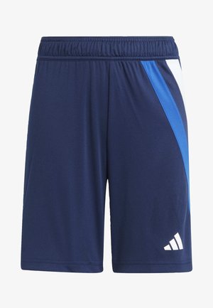 Marineblauwe sportshorts gemaakt van ademend materiaal; beschikt over een blauw-witte schuin lopende zijpaneel en een geborduurd wit logo op de zoom.