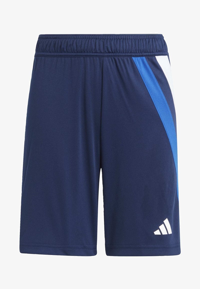 Navy athletic shorts with a breathable fabric; features a blue and white angled side panel and an embroidered white logo on the hem.