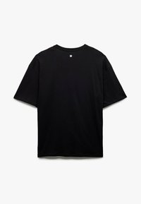 Sort kortærmet T-shirt i bomuld med rund halsudskæring og et lille logo-detalje på ryggen. Ensfarvet design med en glat tekstur.