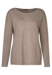 Pull beige à manches longues avec un col arrondi, en tissu texturé et avec une coupe décontractée. Étiquette visible à l'intérieur du col.