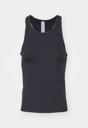 Débardeur noir sans manches en tissu lisse. Il présente un col rond et une coupe ajustée, sans motifs ni accents visibles.