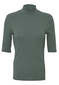Tričko s krátkým rukávem ve tlumeně zelené barvě, ribovaná textura, přiléhavý střih, s vysokým límcem a zesíleným lemem.