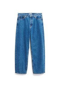 Lichtblauwe spijkerbroek met een losse, rechte pasvorm. Nieten, riemlussen en een klassieke vijf-pocketstijl. Gladde textuur met vervaagde plekken.