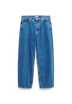 Lichtblauwe spijkerbroek met een losse, rechte pasvorm. Nieten, riemlussen en een klassieke vijf-pocketstijl. Gladde textuur met vervaagde plekken.