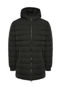 Chaqueta de plumas negra con capucha, que cuenta con un cierre frontal, bolsillos laterales y puños acanalados. El material tiene una textura suave y mate.