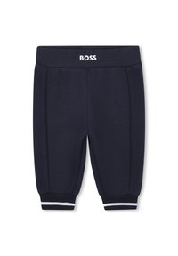 Marineblauwe shorts van textuurstof, met een elastische tailleband en het witte BOSS-logo. Voorzien van witte strepen bij de boorden.