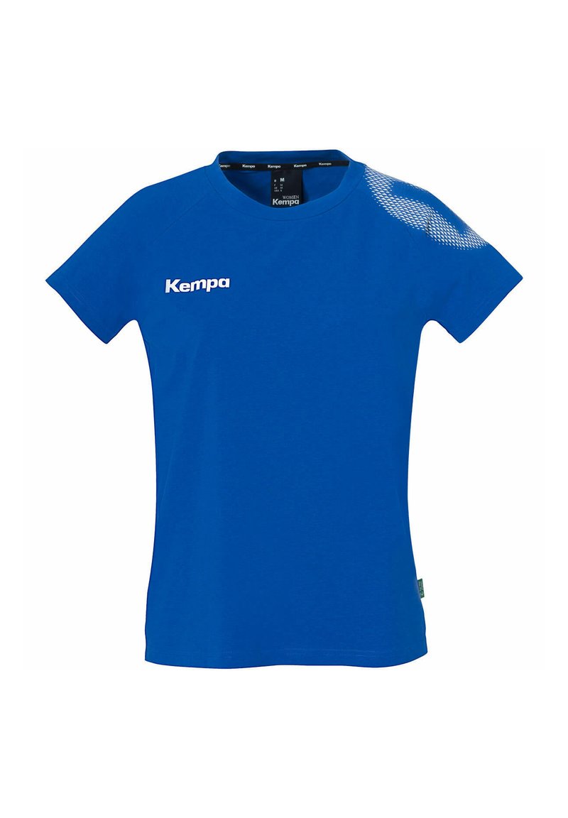Blauwe T-shirt met korte mouwen van zachte stof, met een ronde hals, logo op de voorkant en een patroonaccent op de schouder.