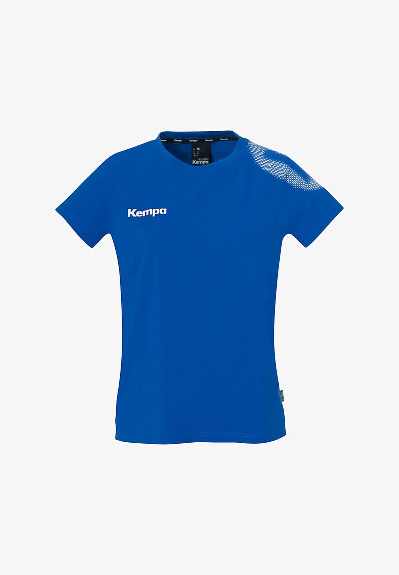 Blauwe T-shirt met korte mouwen van zachte stof, met een ronde hals, logo op de voorkant en een patroonaccent op de schouder.
