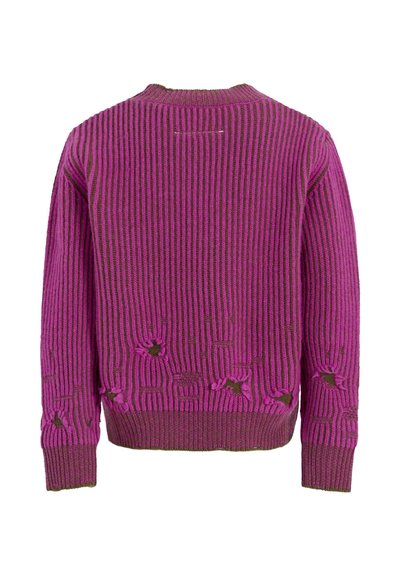 Pull rayé violet et rose avec un motif texturé, présentant des découpes et un col et un ourlet côtelés. Vue de dos affichée.