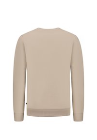 Beige crewneck sweatshirt met lange mouwen, gemaakt van gladde stof. Voorzien van een ribbelpand en boorden, eenvoudig ontwerp zonder patronen of accenten.