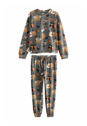 Grijze pyjama set met een langemouwen top en een broek. De stof toont verschillende cartoon dieren, pompoenen en geesten in oranje, zwart en wit.