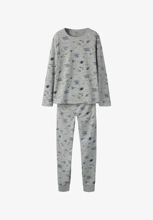 Grau Baumwoll-Pyjama-Set mit langärmligem Oberteil und Hose. Beide Teile haben ein verspieltes, weltraumthemenbezogenes Muster in Dunkelblau und gelben Akzenten.