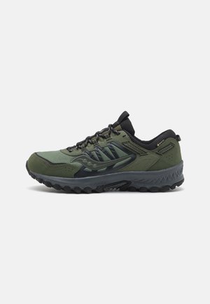 Zielono-czarny but do biegania w terenie z teksturowaną podeszwą, sznurowaniem, przewiewną siateczką i etykietą Gore-Tex zapewniającą wodoodporną ochronę.