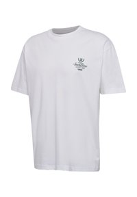 Biała bawełniana koszulka z okrągłym dekoltem, krótkimi rękawami i małym haftowanym logo na klatce piersiowej. Miękka tekstura, luźny krój.