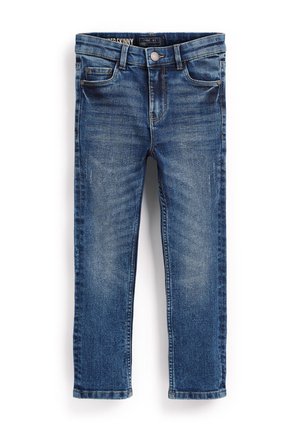 Jean skinny bleu pour enfants avec poches avant, passants de ceinture, bouton et détails délavés.