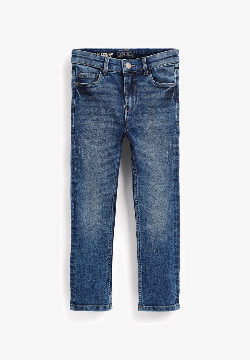 Jean skinny bleu pour enfants avec poches avant, passants de ceinture, bouton et détails délavés.
