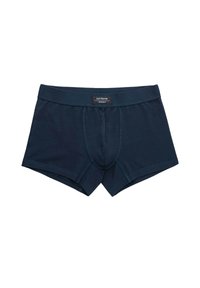 Boxers en coton bleu marine avec une poche avant cintrée, une large ceinture portant une étiquette et des détails cousus le long des coutures.